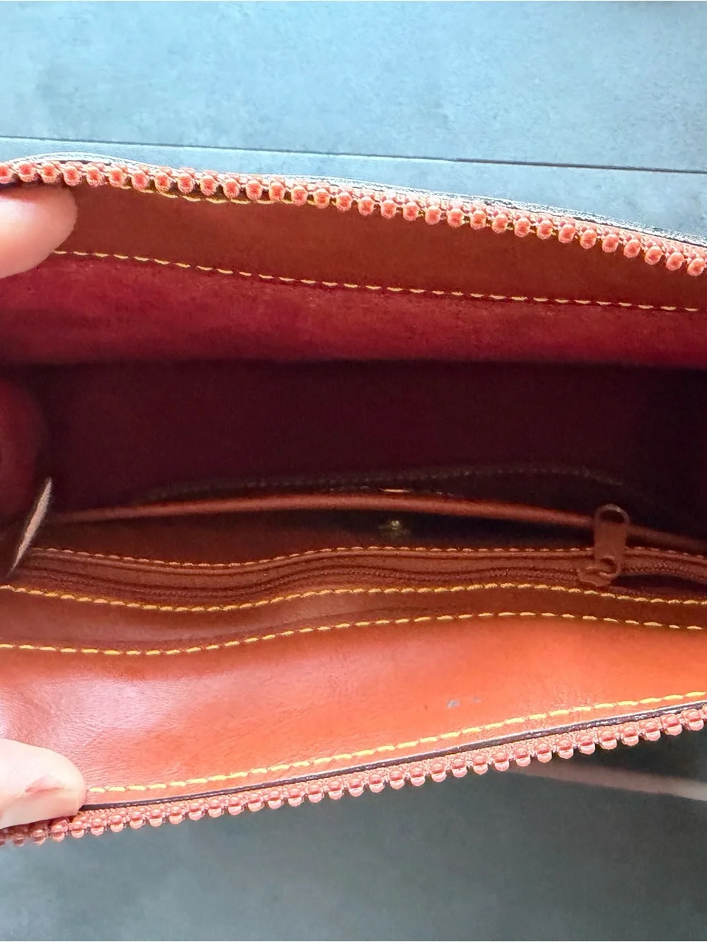 Dooney & Bourke Red Pebbled Leather Shoulder Bag with Brown Trim